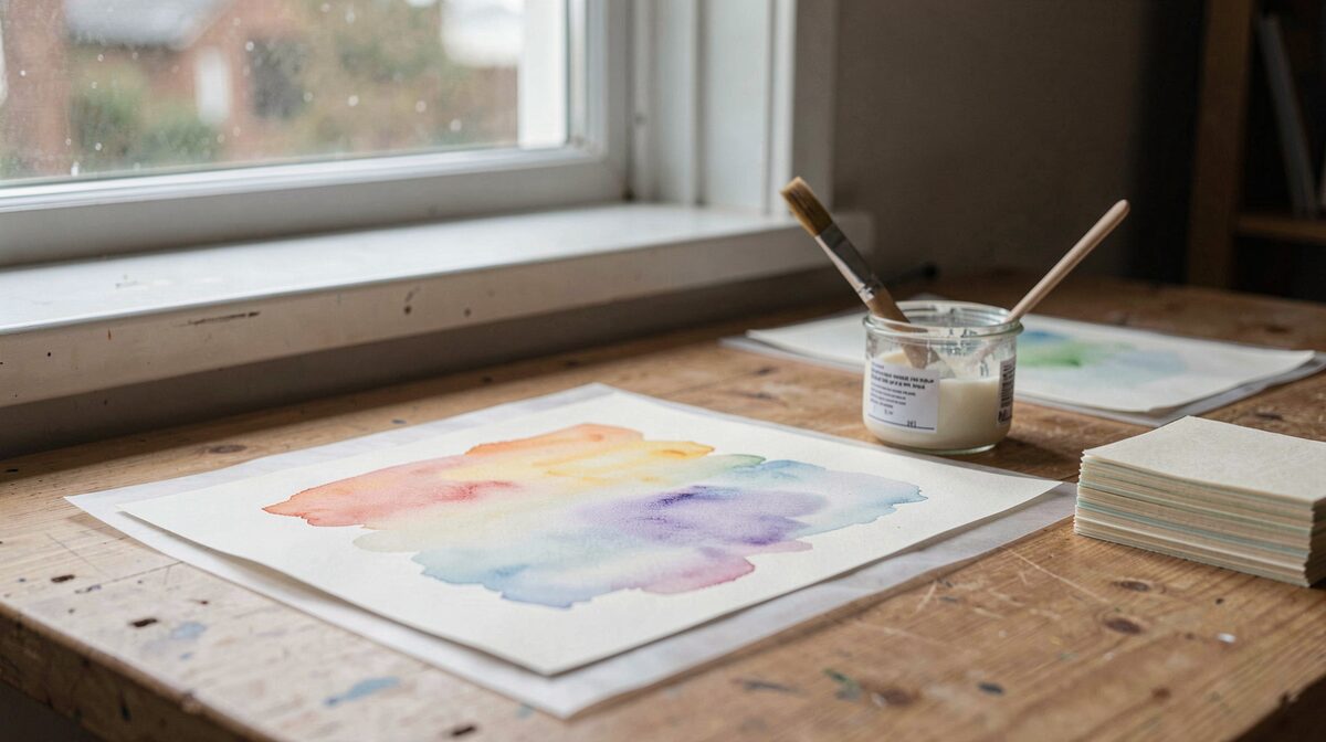 A bindery bench under a north-facing window, three adhesives set out side by side, a pot of cooked wheat starch paste, a jar of mixed methyl cellulose and a bottle of PVA, each with a separate brush, a test strip of cloth and paper beside them.