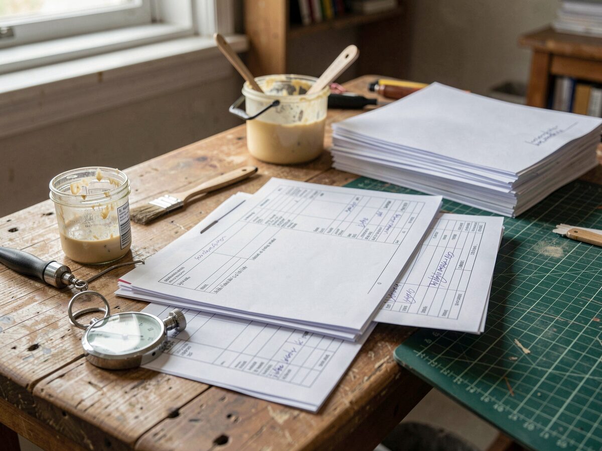A bindery bench with a paper job docket and a stopwatch beside a pile of folded sections, a pot of paste, a brush and a cutting mat, the job half finished in the middle of the afternoon.