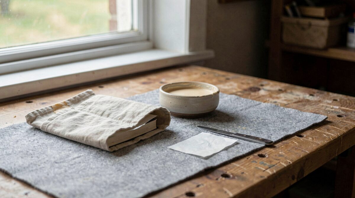 A bookbinder's bench under a north-facing window, a split cloth case lying open beside a pot of warm wheat starch paste, a bone folder and a strip of Japanese paper on the grey felt, shallow depth of field.