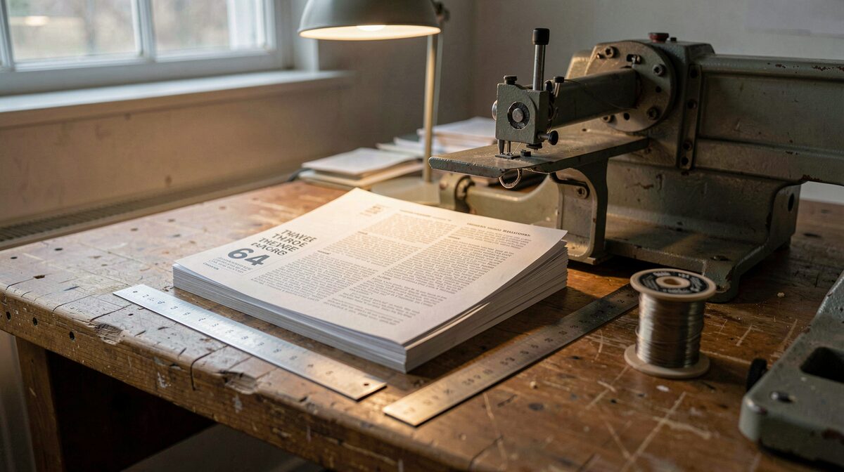 A bindery workbench under a low angled lamp, with a folded 64 page theatre programme open on the saddle of a small stitcher, a spool of 24 gauge wire beside it, and a steel rule laid across the fore edge to show the shingled sections.