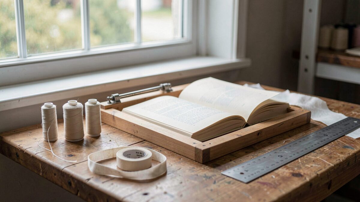 A bindery bench under a north-facing window, with a sewing frame holding an open book block, spools of unbleached linen thread, a roll of cotton tape and a folded length of buckram laid out beside a steel ruler.